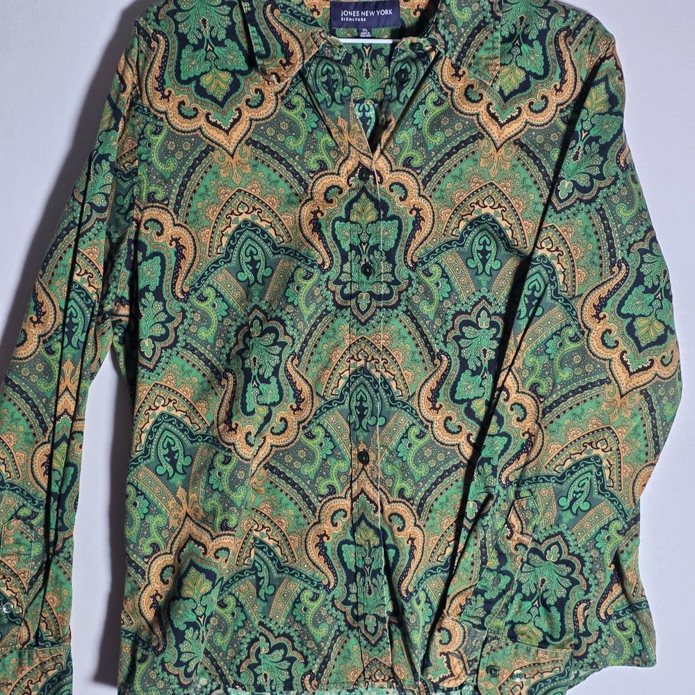 Vintage Jones New York Paisley Silk Look Blouse Green Gold Y2K XL